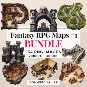 134 Fantasy RPG Maps #1 Paquete de imágenes prediseñadas - Descarga instantánea, ilustraciones de mapas, imágenes PNG, fondo transparente, uso comercial. THS003