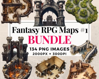 134 Fantasy RPG Maps #1 Clipart Bundle - Instant Download, Map Illustrations, PNG Images, Transparent Background, Commercial Use. THS003