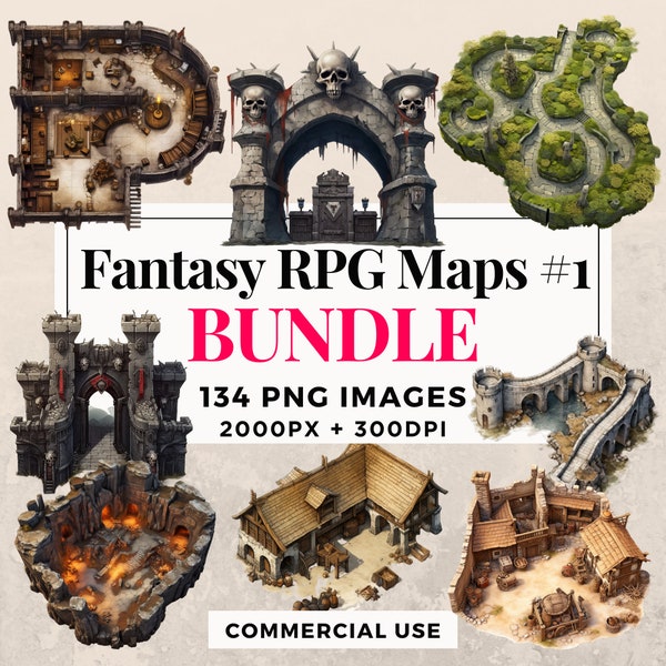 134 Fantasy RPG Maps #1 Clipart Bundle - Instant Download, Map Illustrations, PNG Images, Transparent Background, Commercial Use. THS003