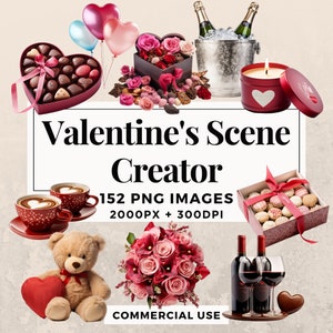 May include: A Valentine's Day scene creator with 152 PNG images, 2000 pixels by 300 DPI. The images include a heart-shaped box of chocolates, a bouquet of pink and red roses, a teddy bear holding a red heart, a candle with a heart design, two glasses of red wine, a box of chocolates, and two cups of coffee.