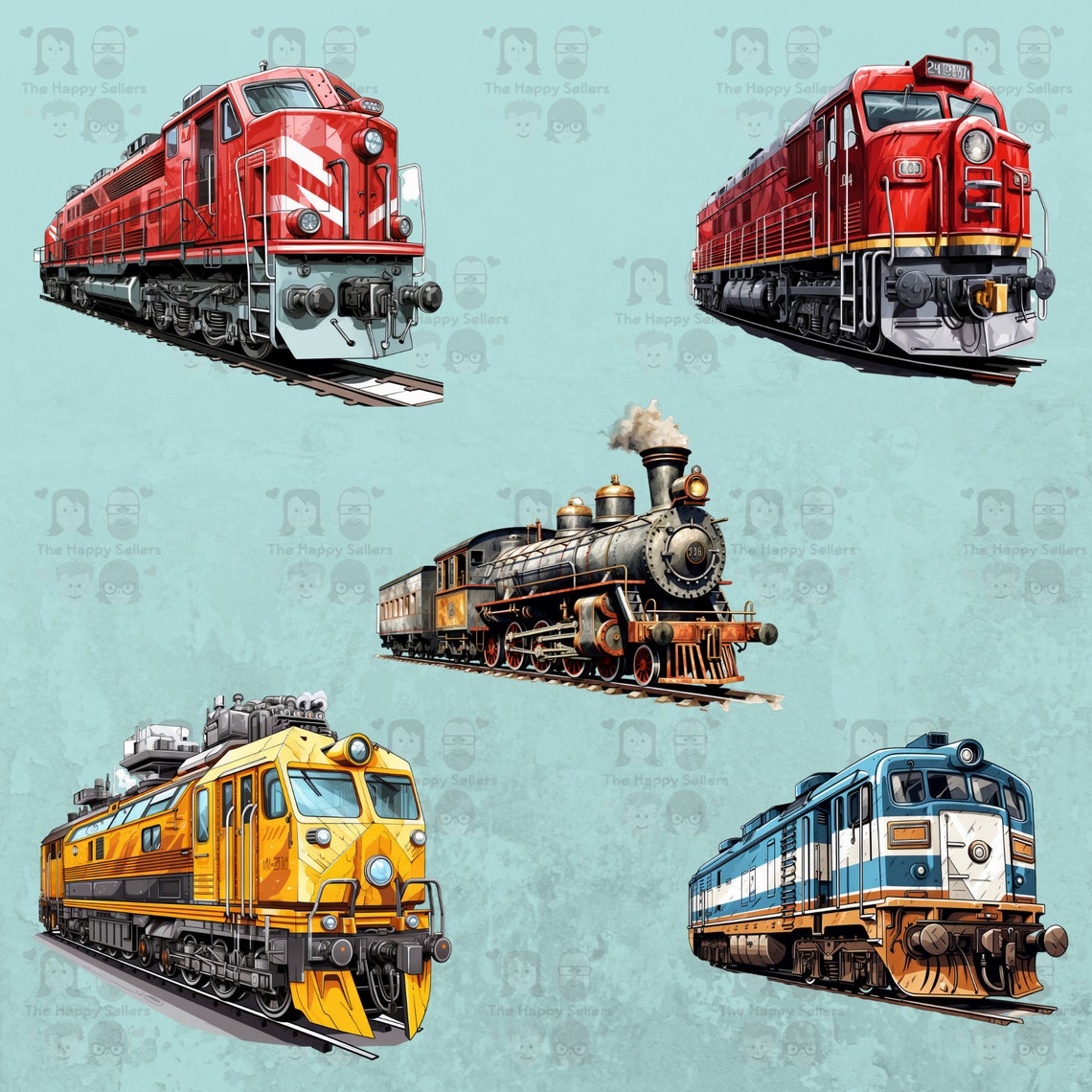 Train Engine Bitmap 20 Train Engines Clipart Pack INSTANT DOWNLOAD 20 Locomotive ...