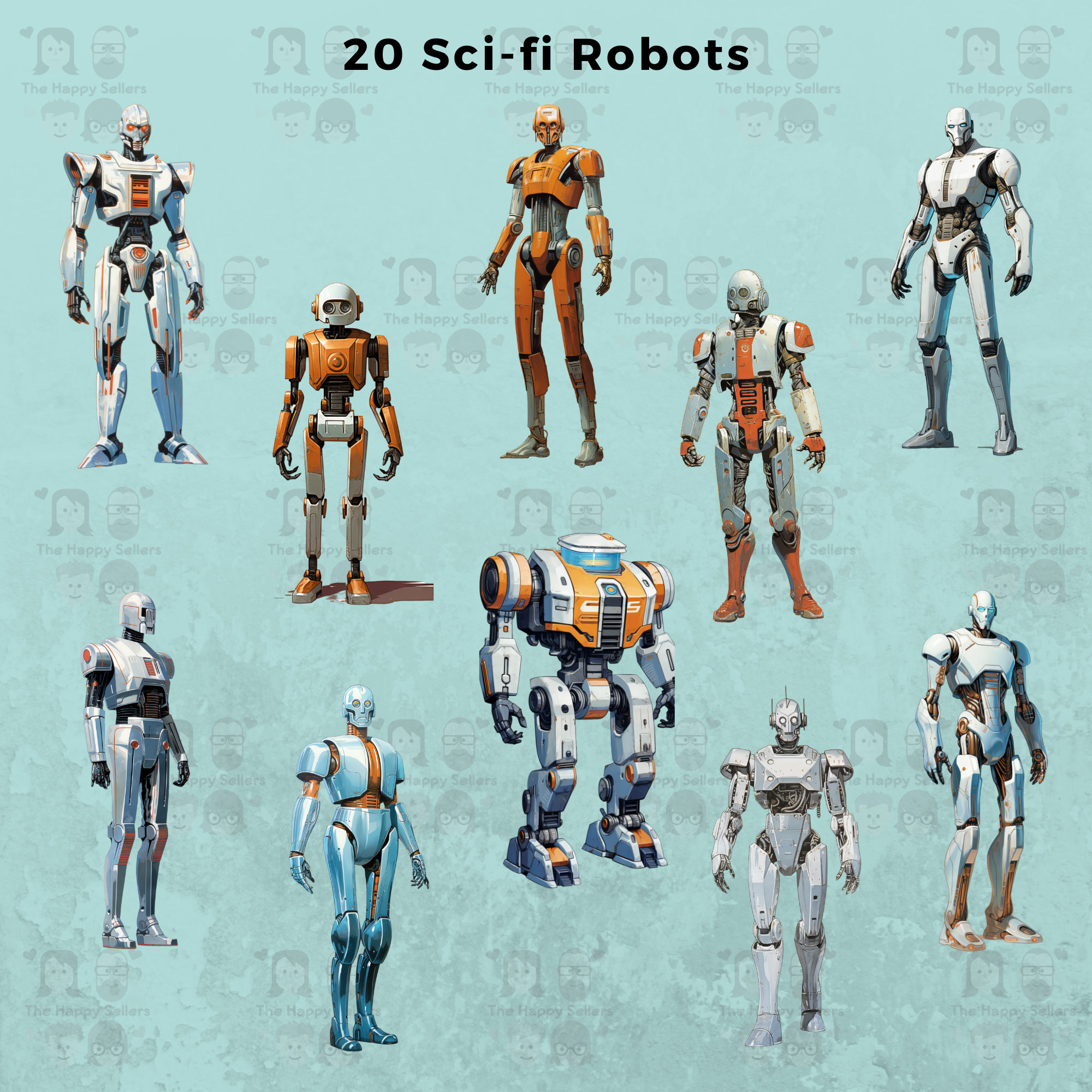 20 Sci-fi Robots Clipart Pack INSTANT DOWNLOAD 20 Futuristic Robot  Illustrations, PNG Transparent Background, Commercial Use. THS004 - Etsy, image size:2000x2000
