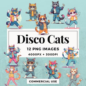 12 Disco Cats Clipart Pack INSTANT DOWNLOAD 12 Cartoon illustrations, PNG transparent background images, commercial and personal use. THS004