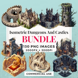 Puede incluir: Un paquete de 130 imágenes PNG isométricas de mazmorras y castillos. Las imágenes tienen 2000 píxeles de ancho y 300 DPI. Las imágenes son para uso comercial. Las imágenes incluyen una variedad de castillos, mazmorras, torres y otras estructuras de fantasía.