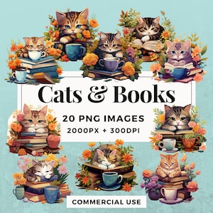 20 Cats and Books Clipart Pack INSTANT DOWNLOAD 20 Adorable Cat and Book Illustrations, PNG Transparent Background, Commercial Use. THS004
