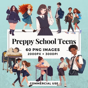 60 Preppy School Teens Clipart Pack DESCARGA INSTANTE 60 personajes adolescentes con estilo, fondo transparente PNG, uso comercial. THS004