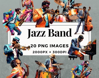 20 Jazz Band Clipart Pack INSTANT DOWNLOAD 20 Vibrant Jazz Band Illustrations, PNG Transparent Background, Personal & Commercial Use. THS001