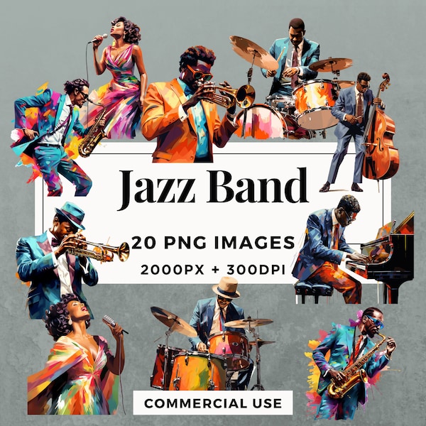 20 Jazz Band Clipart Pack TÉLÉCHARGEMENT INSTANTANÉ 20 illustrations vibrantes de groupe de jazz, fond transparent PNG, utilisation personnelle et commerciale. THS001