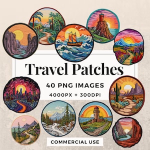 40 Travel Patches Clipart Pack INSTANT DOWNLOAD 40 Adventure-themed Patch Illustrations, PNG Transparent Background, Commercial Use. THS003