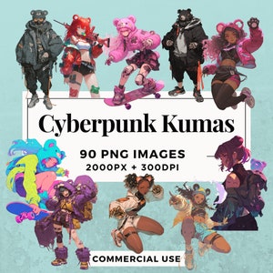 90 Cyberpunk Kumas Clipart Pack INSTANT DOWNLOAD 90 Futuristic Bear Illustrations, PNG Transparent Background, Commercial Use. THS004