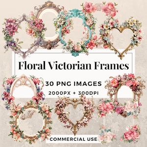 30 Floral Victorian Frames Clipart Pack - INSTANT DOWNLOAD, PNG Transparent Background, Personal & Commercial Use. THS003