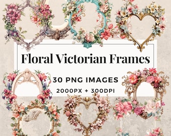 30 Floral Victorian Frames Clipart Pack - INSTANT DOWNLOAD, PNG Transparent Background, Personal & Commercial Use. THS003