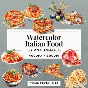 53 Watercolor Italian Foods Clipart Pack INSTANT DOWNLOAD Food art, PNG transparent background images, commercial & personal use. THS001