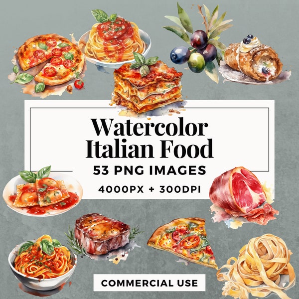 53 Watercolor Italian Foods Clipart Pack INSTANT DOWNLOAD Food art, PNG transparent background images, commercial & personal use. THS001