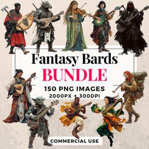 150 枚のファンタジー吟遊詩人のクリップアート バンドル - 即時ダウンロード、PNG 画像、透明な背景、個人および商業利用。THS003