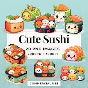 20 lindo paquete de imágenes prediseñadas de sushi DESCARGA INSTANTE 20 adorables ilustraciones de sushi, fondo transparente PNG, uso personal y comercial. THS004