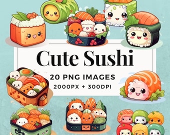 20 Cute Sushi Clipart Pack INSTANT DOWNLOAD 20 Adorable Sushi Illustrations, PNG Transparent Background, Personal & Commercial Use. THS004