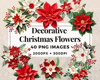 40 decoratieve kerstbloemen clipart pack INSTANT DOWNLOAD 40 bloemenillustraties, transparante PNG-achtergrond, commercieel gebruik. THS003