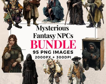Op de afbeelding: Een digitale kunstbundel met fantasy-NPC's. De afbeelding bevat illustraties van mysterieuze personages met gedetailleerde kleding en accessoires. Tekst op de afbeelding luidt "Mysterious Fantasy NPCs BUNDLE" en "95 PNG IMAGES".