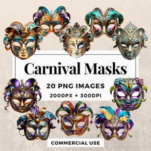 20 Karneval Masken Clipart Pack SOFORTIGER DOWNLOAD 20 Lebendige Karneval Maske Illustrationen, PNG transparenten Hintergrund, kommerzielle Nutzung. THS003
