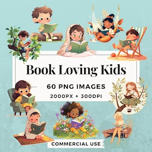 60 Book Loving Kids Clipart Pack INSTANT DOWNLOAD 60 entzückende Illustrationen zum Thema Bücher, PNG transparenter Hintergrund, kommerzielle Nutzung. THS004