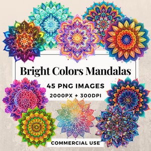 Pack de 45 cliparts mandalas aux couleurs vives TÉLÉCHARGEMENT IMMÉDIAT 45 dessins de mandalas aux couleurs vives, arrière-plan PNG transparent, usage commercial. THS003