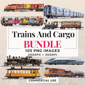 Paquete de imágenes prediseñadas de 105 trenes y carga: descarga instantánea, ilustraciones de transporte, imágenes PNG, fondo transparente, uso comercial. THS003