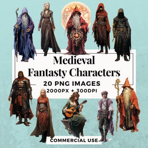 20 Medieval Fantasy Characters Clipart Pack - INSTANT DOWNLOAD, PNG Transparent Background, Personal & Commercial Use. THS004