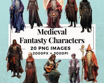 Może przedstawiać: Zbiór 20 ilustracji postaci fantasy w formacie PNG. Postacie są ubrane w średniowieczne stroje i obejmują czarodziejów, wojowników i muzyka. Obrazy mają 2000 pikseli szerokości i 300 DPI. Tekst "Medieval Fantasy Characters" i "20 PNG IMAGES 2000PX + 300DPI" jest wyświetlany na białym prostokącie. Tekst "COMMERCIAL USE" jest wyświetlany na dole obrazu.