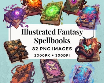 May include: A collection of 82 illustrated fantasy spellbooks, each with a unique design and magical theme. The spellbooks are 2000 pixels wide and 300 DPI.  The images are available for commercial use.