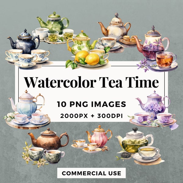 10 Watercolor Tea Time Clipart Pack INSTANT DOWNLOAD 10 Charming Tea Time Illustrations, PNG Transparent Background, Commercial Use. THS001