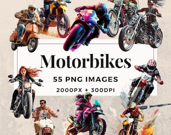 55 Motocykle Clipart Pack NATYCHMIASTOWE POBIERANIE 55 ilustracji motocykli, PNG Przezroczyste tło, Do użytku komercyjnego i osobistego. THS003