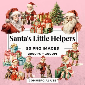 50 Paquete de imágenes prediseñadas de los pequeños ayudantes de Santa DESCARGA INSTANTE 50 ilustraciones de elfos festivos, fondo transparente PNG, uso comercial. THS006