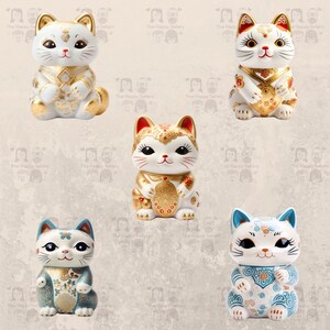 May include: Five ceramic Maneki-Neko, or Japanese lucky cat figurines. The cats are in various poses, with raised paws and different colored designs. The cats are white with gold accents and have black eyes.