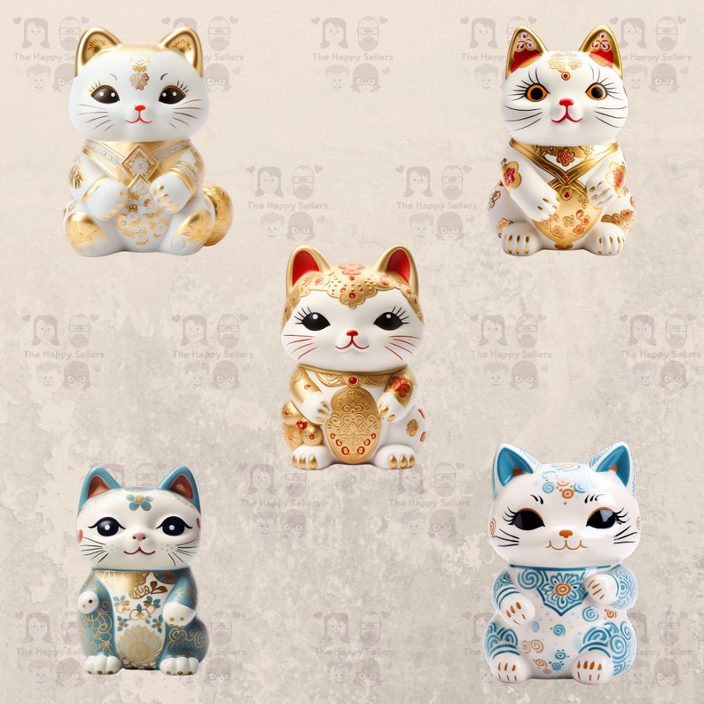 May include: Five ceramic Maneki-Neko, or Japanese lucky cat figurines. The cats are in various poses, with raised paws and different colored designs. The cats are white with gold accents and have black eyes.