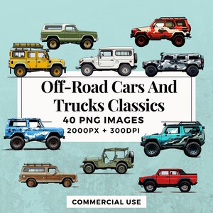 Puede incluir: Una colección de 40 ilustraciones digitales de coches y camiones todoterreno. Las ilustraciones son de estilo de dibujos animados y presentan una variedad de colores y diseños. El texto "Off-Road Cars And Trucks Classics" se muestra en el centro de la imagen. El texto "40 PNG IMAGES" se muestra debajo del título. El texto "2000PX + 300DPI" se muestra debajo del recuento de imágenes. El texto "COMMERCIAL USE" se muestra en la parte inferior de la imagen.