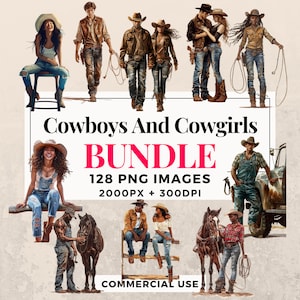128 cowboys en cowgirls clipartbundel - Instant Download, westerse illustraties, PNG-afbeeldingen, transparante achtergrond, commercieel gebruik. THS003