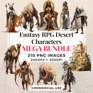 210 ファンタジー RPG 砂漠キャラクター クリップアート メガ バンドル - 即時ダウンロード、PNG 画像、透明な背景、商用利用。THS003