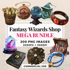Lot de 200 cliparts Fantasy Wizards Shop - Téléchargement instantané, images PNG, arrière-plan transparent, usage personnel et commercial. THS003