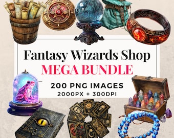 May include: A collection of 200 fantasy wizard shop themed PNG images, including a crystal ball, a frog in a glass dome, a book with an eye, a set of tarot cards, a wooden chest with crystals, a blue beaded necklace, a wooden bucket with scrolls, a compass, a wizard's hat, a bag, and a red and gold ring.  The images are 2000 pixels by 300 DPI and are for commercial use.
