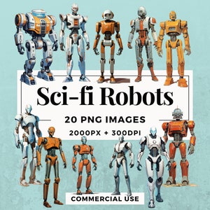 20 Sci-Fi Robots Clipart Pack INSTANT DOWNLOAD 20 Futuristic Robot Illustrations, PNG Transparent Background, Commercial Use. THS004