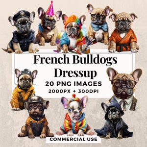 20 Franse Bulldogs Dressup Clipart Pack INSTANT DOWNLOAD 20 Bulldog-illustraties, PNG transparante achtergrond, commercieel gebruik. THS003
