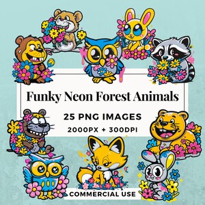 Pack de 25 cliparts funky néon animaux de la forêt TÉLÉCHARGEMENT IMMÉDIAT 25 illustrations uniques, arrière-plan PNG transparent, usage commercial. THS004