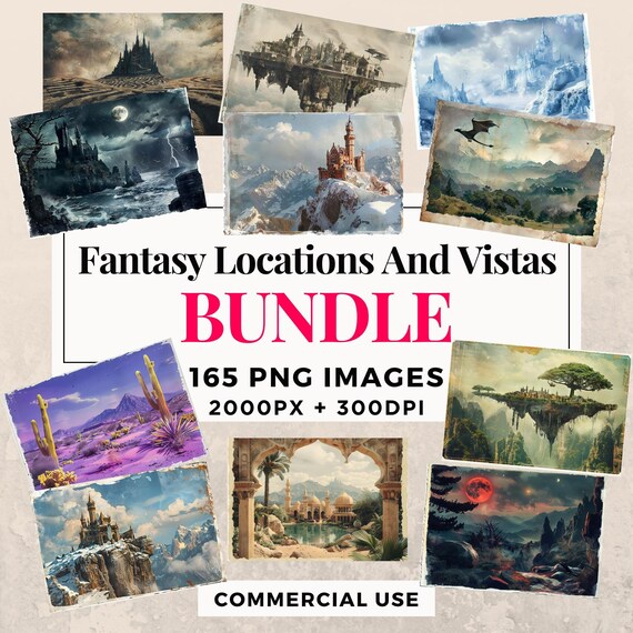 165 Fantasy Locations and Vistas Clipart Bundle - Instant Download, Enchanted Landscapes, PNG Images, Personal & Commercial Use. THS003