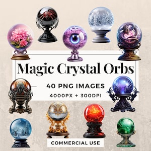 40 Magic Crystal Orbs Clipart Pack INSTANT DOWNLOAD Enchanting Crystal Ball Illustrations, PNG Transparent Background,Commercial Use. THS003
