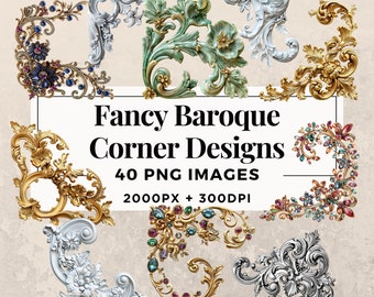 40 Fancy Baroque Corner Designs Clipart Pack - INSTANT DOWNLOAD, PNG Transparent Background, Personal & Commercial Use. THS003