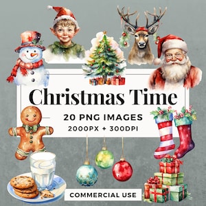 20 Kersttijd Clipart Pack INSTANT DOWNLOAD 20 Feestelijke Vakantieillustraties, PNG Transparante Achtergrond, Commercieel Gebruik. THS001