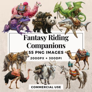 Paquete de imágenes prediseñadas de 55 compañeros de equitación de fantasía - DESCARGA INSTANTE, fondo transparente PNG, uso personal y comercial. THS003
