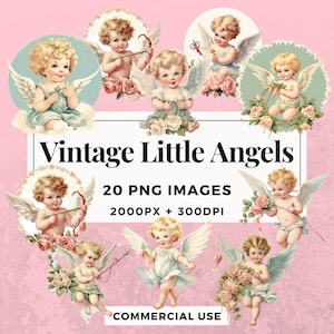 Pacchetto di clipart di 20 piccoli angeli vintage DOWNLOAD IMMEDIATO 20 illustrazioni di angeli cherubini, sfondo PNG trasparente, uso commerciale. THS006