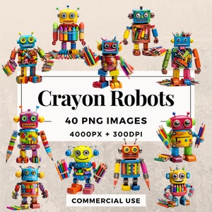 40 Crayon Robots Clipart Pack INSTANT DOWNLOAD 40 Playful Crayon Robot Illustrations, PNG Transparent Background, Commercial Use. THS003